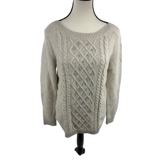 Talbots Womens Sweater Small Beige Wool Cotton Cable Knit Embellished - Picture 1 of 7